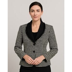 NEW Shomi by Miller Shor Houndstooth Blazer Jacket 14 Petites Black White Lined